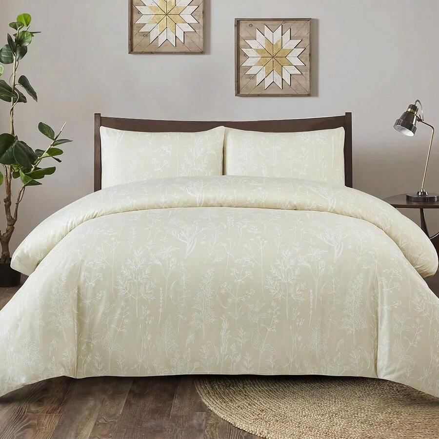 Beige Duvet Cover Double - Floral Bedding Set 3 Pieces, Textured Beige Duvet Set With 2 Pillowcases For Double Bed, Soft Microfiber Floral Duvet Cover 200x200 Cm, Beige/Floral - Beige - View 1