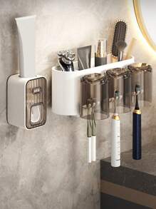 1pc Automatic Toothpaste Dispenser With Toothbrush Holder, Wall Mounted Toothbrush Organizer With Gargle Cups, Space-Saving Bathroom Rack For Toothbrush And Cups Home Bathroom Decor Fall Decor Back To School - White - View 1