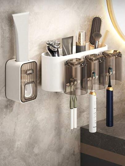 جهاز موزع معجون أسنان أوتوماتيكي مع حامل فرشاة الأسنان، منظم فرشاة أسنان مثبت على الحائط مع أكواب شطف الفم، رف حمام موفر للمساحة لفرشاة الأسنان والأكواب ديكور منزلي للحمام ديكور الخريف عودة إلى المدرسة