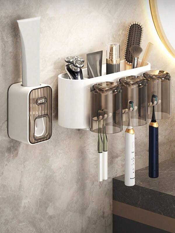 1pc Automatic Toothpaste Dispenser With Toothbrush Holder, Wall Mounted Toothbrush Organizer With Gargle Cups, Space-Saving Bathroom Rack For Toothbrush And Cups Home Bathroom Decor Fall Decor Back To School