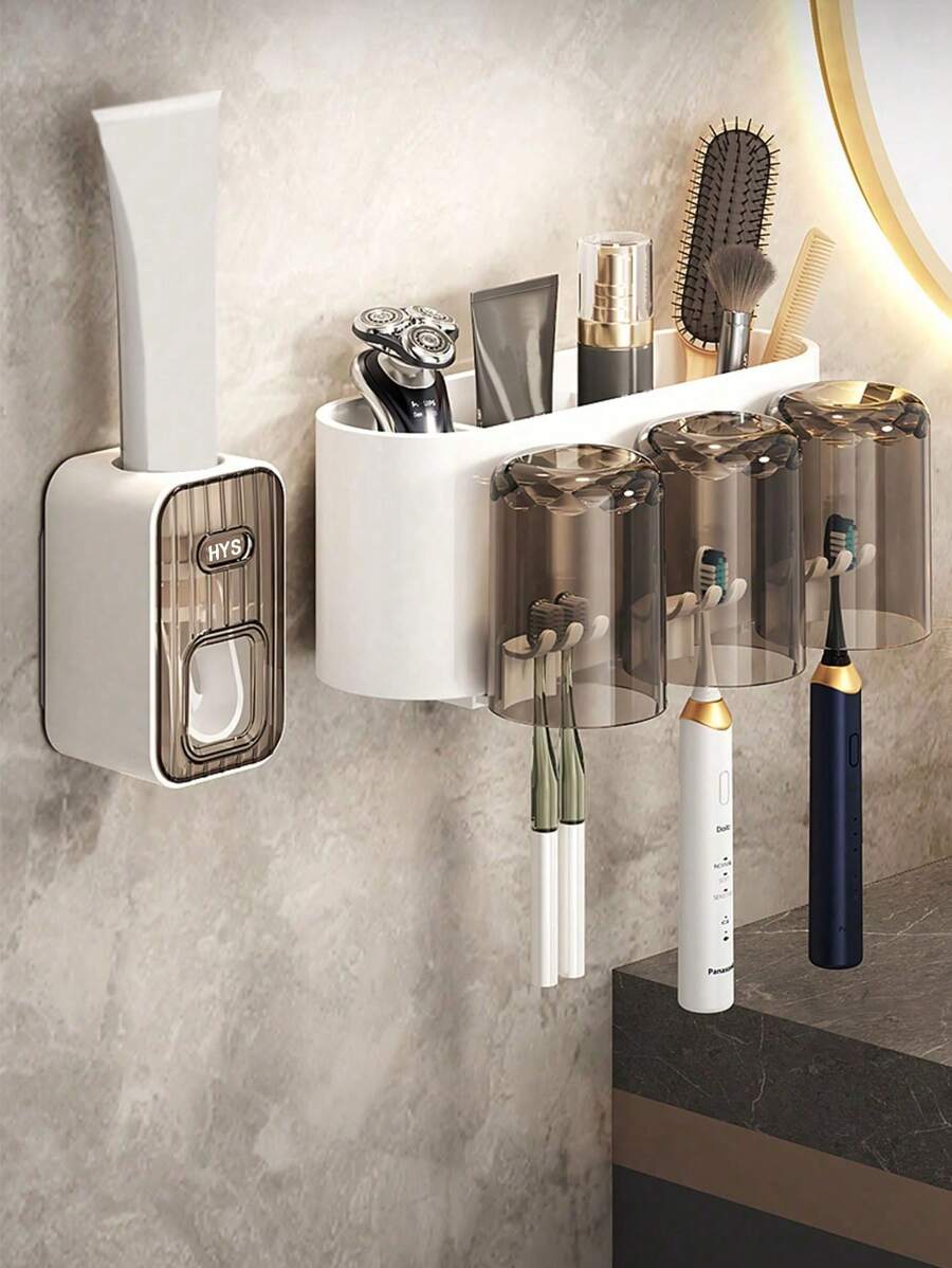 1pc Automatic Toothpaste Dispenser With Toothbrush Holder, Wall Mounted Toothbrush Organizer With Gargle Cups, Space-Saving Bathroom Rack For Toothbrush And Cups Home Bathroom Decor Fall Decor Back To School - White - View 1