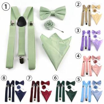 ZONFAZ 4pcs Men's Fashionable Adjustable Solid Color Suspenders Set With Same Color Super Soft Satin Material Bow Tie, Pocket Square, And Boutonniere Combination Set, Suitable For Weddings, Celebrations, Parties, Performances, And Campus Events Halloween For Going Out Outfit Wedding Party And For Gift Autumn-Winter Accessories Halloween Costume,Suitable For Teens, Youth,Men,Casual, Outdoor, Athletic, Vacation, Graduation Gifts, Birthday, Daily Wear