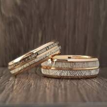 Modna i luksusowa obrączka ze stali nierdzewnej z jego i jej imitacją meteorytu i poroża jelenia Zestaw ślubny w kolorze różowego złota, obrączka z różowego złota Rocznica pamiątkowa obrączka