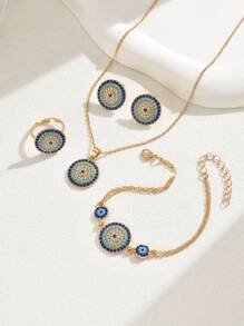 Bộ trang sức bằng nhựa 4 chiếc, Nhẫn bông tai vòng cổ, Thiết kế mắt tròn màu xanh, Phụ kiện dự tiệc của phụ nữ - Nhiều màu - Xem 3