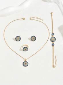 Bộ trang sức bằng nhựa 4 chiếc, Nhẫn bông tai vòng cổ, Thiết kế mắt tròn màu xanh, Phụ kiện dự tiệc của phụ nữ - Nhiều màu - Xem 2