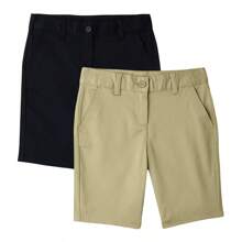 Boys Flat Front Stretchable Twill Chino Uniform Shorts (2-Pack) - 黑色和卡其色 - 查看 1
