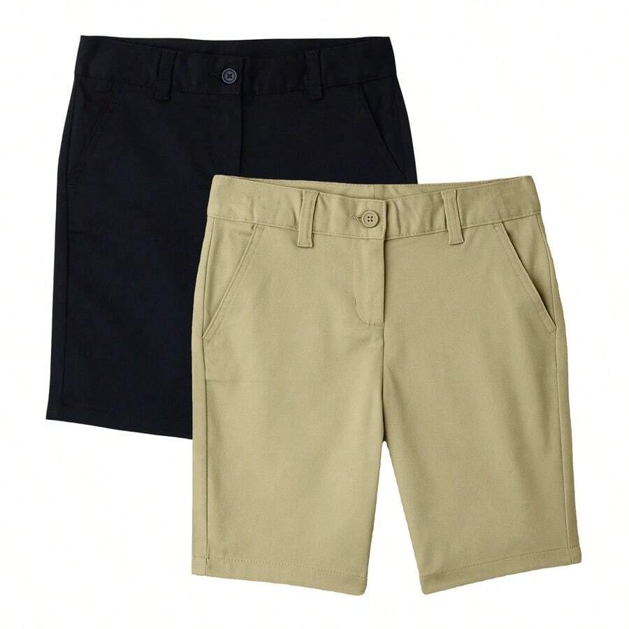 Boys Flat Front Stretchable Twill Chino Uniform Shorts (2-Pack) - 黑色和卡其色 - 查看 1