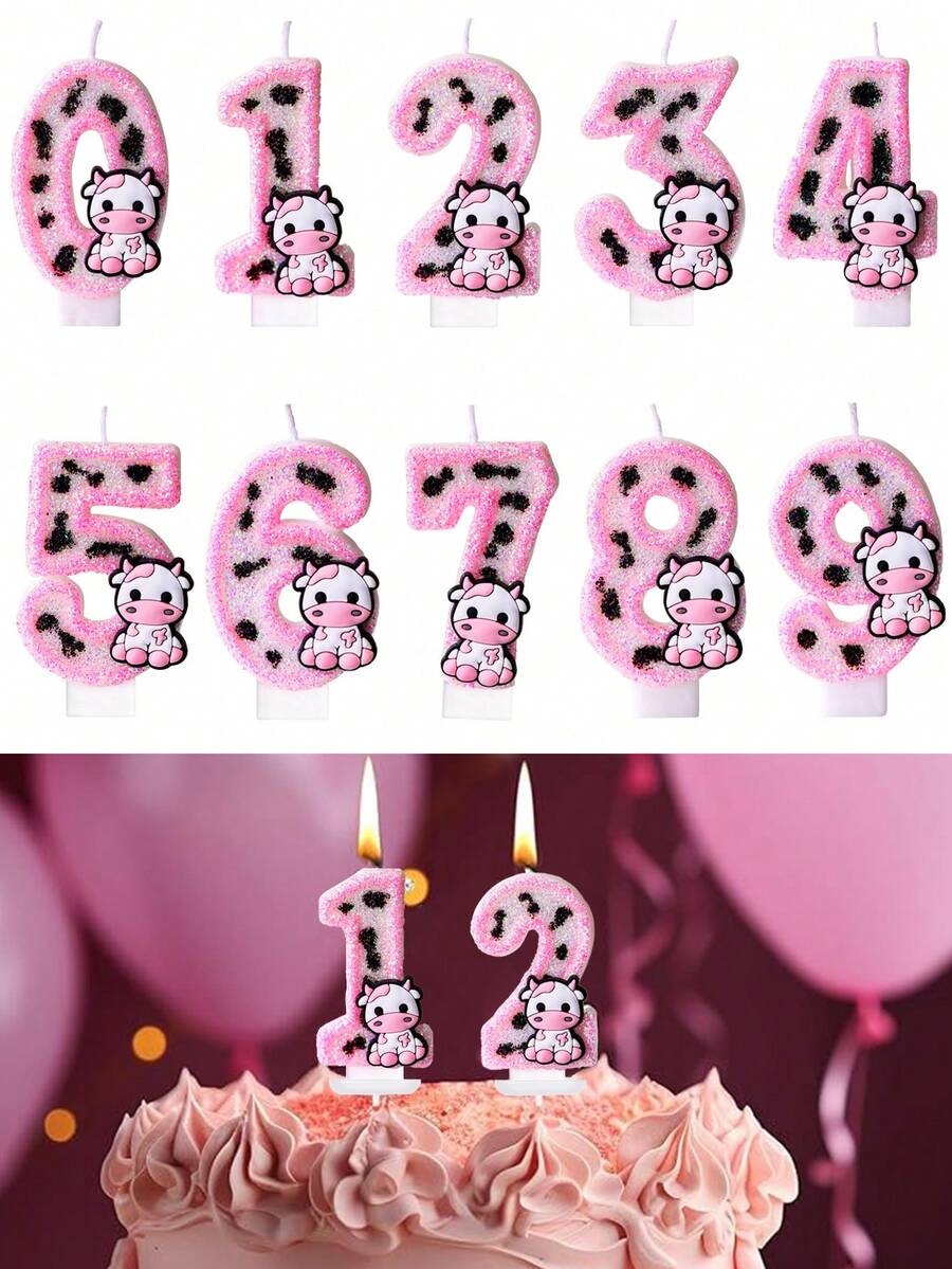 1pc Pink Cow Glitter Birthday Candles ,Number Candles For Birthday