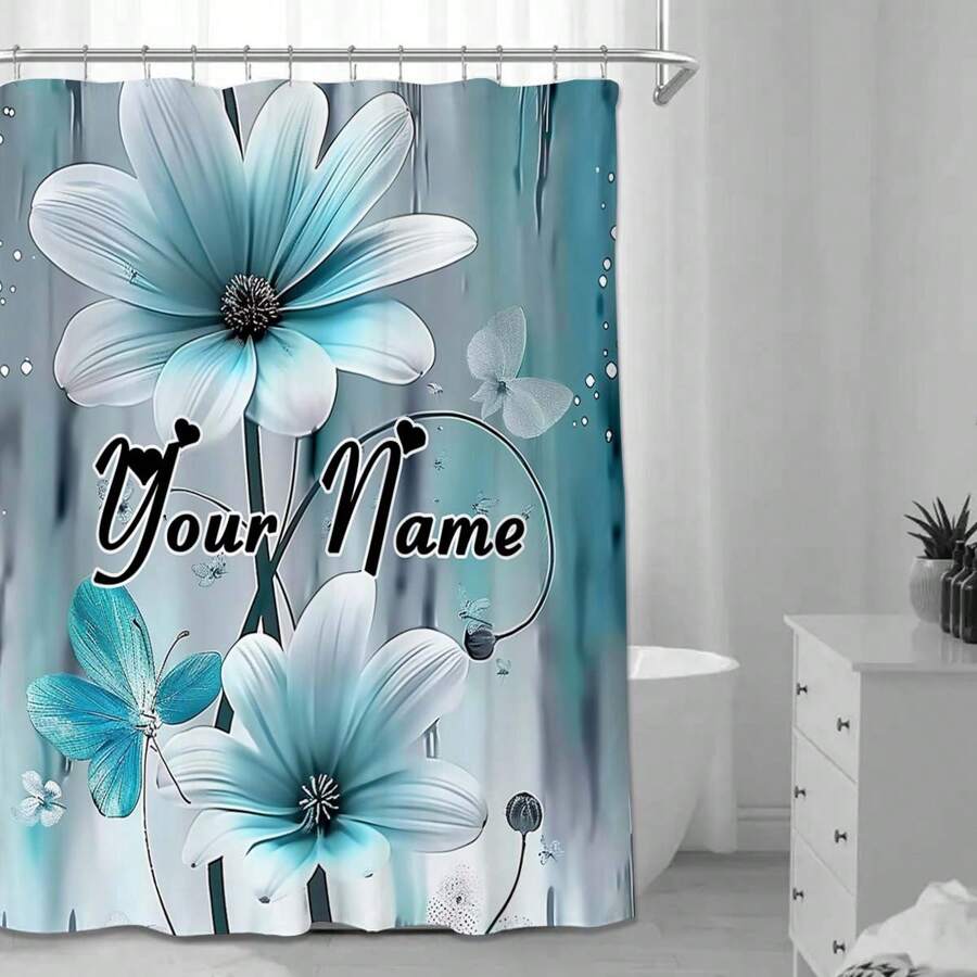 Customized Personalized Bathroom Shower Curtain, Quiet Blue Floral Design, Waterproof Plant Patterned Bathroom Window Covers, 72x72 Inches With Hooks Home Bathroom Decor Fall Decor Bathroom Accessories Back To School