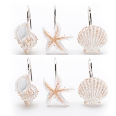 12pcs Oceanic Style Shower Curtain Hooks With Starfish, Conch And Sea Shell Design, Easy To Install, Suitable For Bathroom, Bedroom, Living Room Home Bathroom Decor Fall Decor Bathroom Accessories Back To School