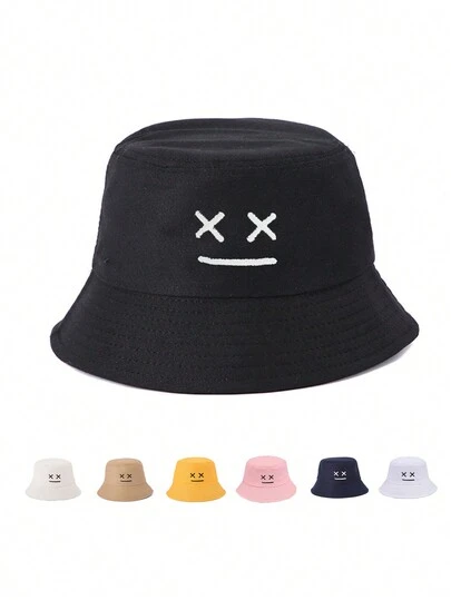 1pc Women's Fashionable Embroidered Eye And Mouth Design Solid Color Bucket Hat, Suitable For Spring And Summer Outfits