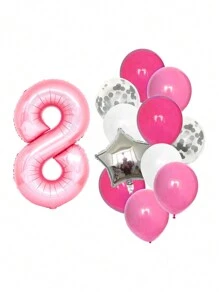 13pcs Aluminum Digital Latex Balloons Number Combination, Birthday Party Decoration Balloons, Home Decoration Balloons - Pink - View 16