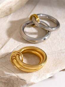 Uworld 1pc 18K Gold Plated Stainless Steel Anti-Fallout Personalised Novelty Double-Layered Ring Removable Ring Unisex Design Sense Of Jewellery Daily Wear Holiday Gift - Silver - View 3