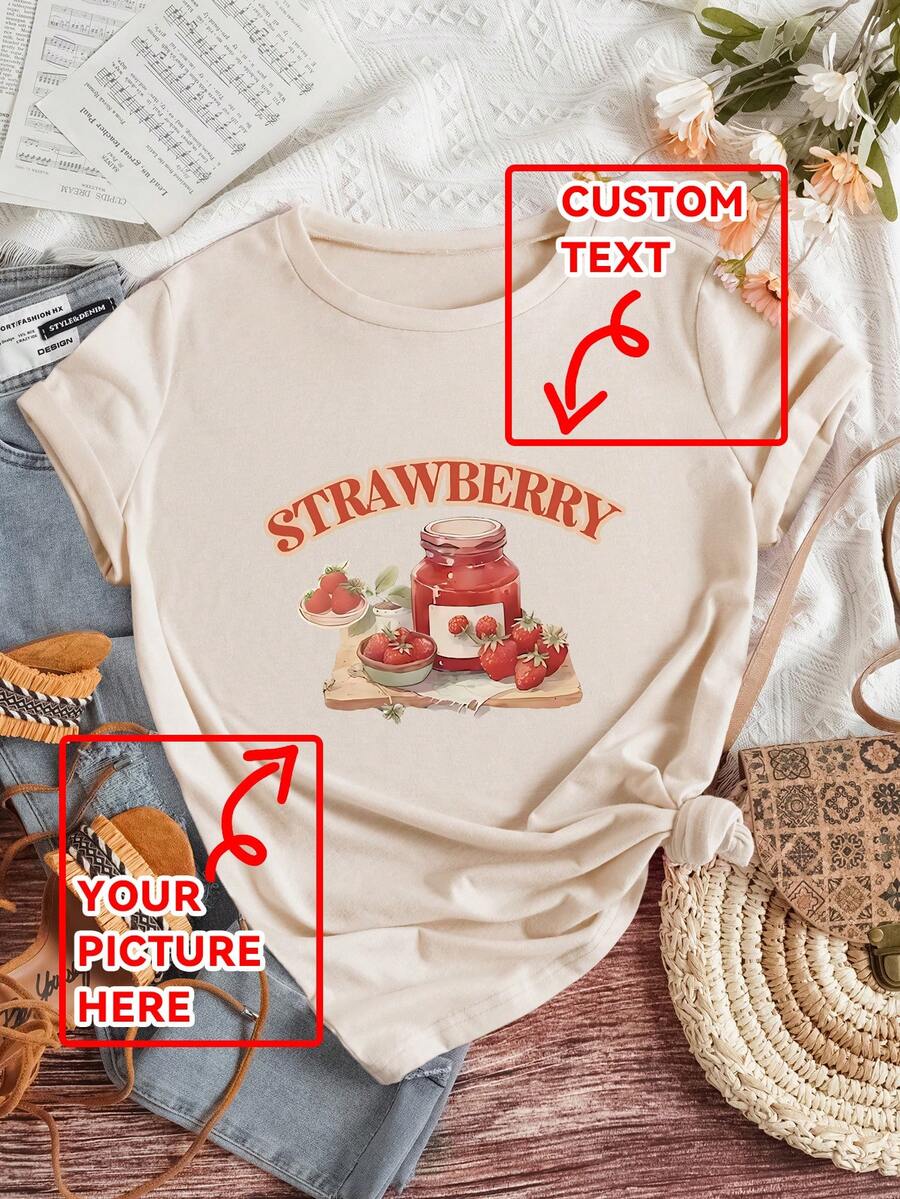 Customized Personalized Gift For Thanksgiving, Christmas - Add Your Own Text/Image (Badge, Company Logo, Family Photo, Selfie) Personalized Photo T-Shirt, Add Your Favorite Photos And Text (Girlfriend, Couple, Family, Selfie, Pet, Friend) To Design Your Own Customized Printed T-Shirt, Suitable For (Anniversary, Wedding Vow, Engagement, Becoming A Couple), Suitable For Best Friends And Group - Apricot - View 1