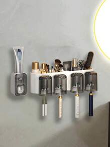 1pc Automatic Toothpaste Dispenser With Toothbrush Holder, Wall Mounted Toothbrush Organizer With Gargle Cups, Space-Saving Bathroom Rack For Toothbrush And Cups Home Bathroom Decor Fall Decor Back To School - White - View 8