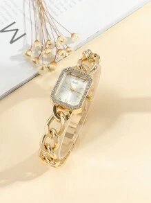 1pc Minimalist Bar Marker Chain Design Steel Quartz Watch, Suitable For Birthday, Halloween, - Gold - View 3