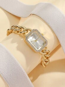 1pc Minimalist Bar Marker Chain Design Steel Quartz Watch, Suitable For Birthday, Halloween, - Gold - View 1