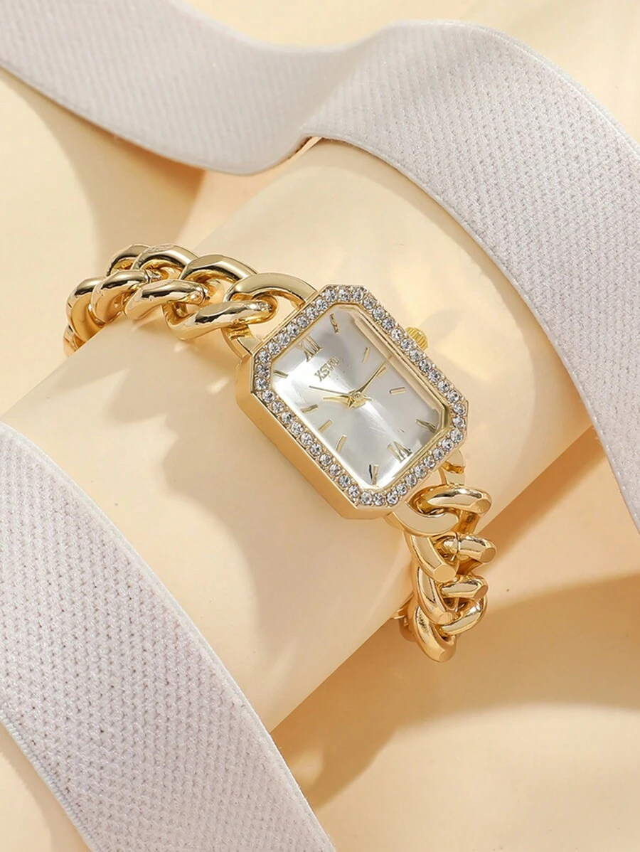 1pc Minimalist Bar Marker Chain Design Steel Quartz Watch, Suitable For Birthday, Halloween, - Gold - View 1