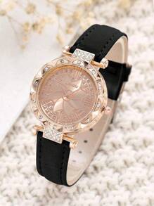 1 set Montre à quartz ronde minimaliste de mode décontractée pour femmes et ensemble de bijoux de bracelet tressé. Convient pour le port quotidien, les anniversaires, les fêtes, les rassemblements. Cadeau idéal pour vous-même ou vos amis. Aucune boîte d'emballage incluse. - Noir - Voir 3