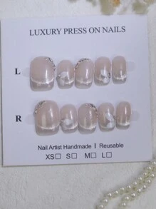 10pcs Handmade Nail Stickers, Fresh Apricot Cat Eye French Manicure With Camellia Flower Pattern, Handpainted Glossy Rhinestone Nail Jewelry, Reusable Short Square False Nails, Suitable For Brides And Party Manicure - Apricot - View 13