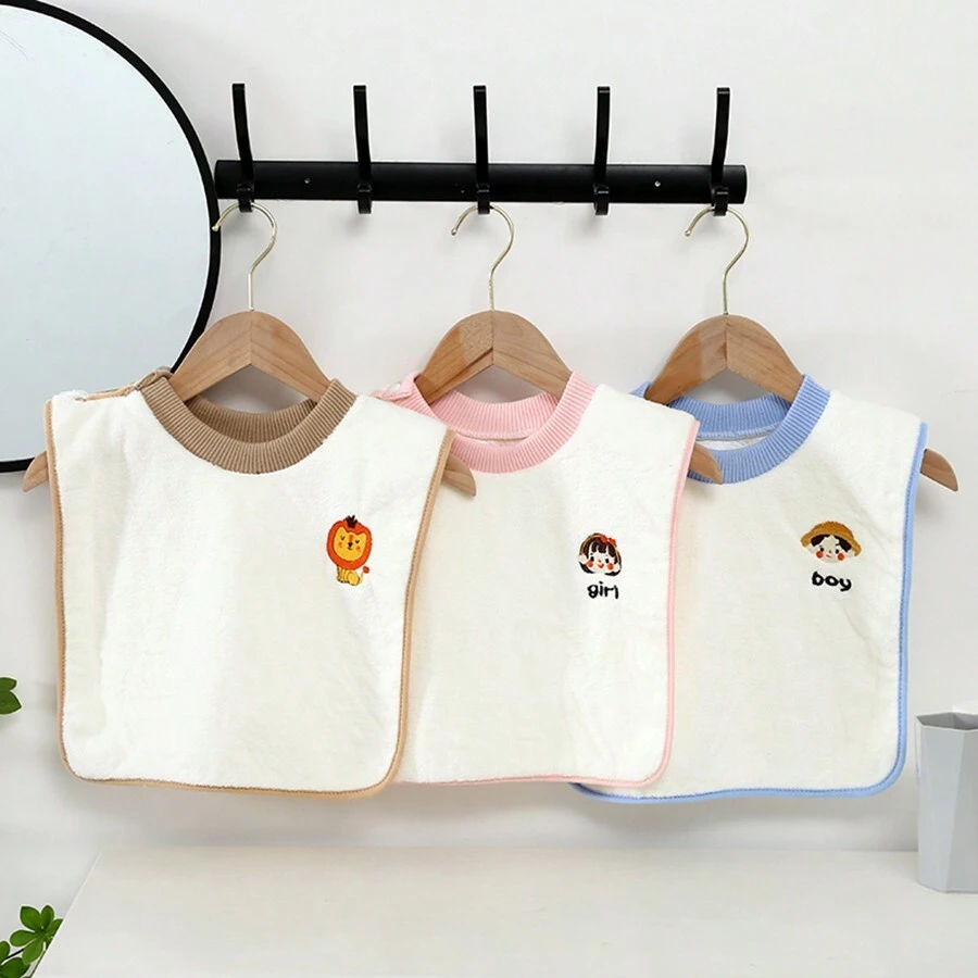 2入組嬰兒兒童兩用毛巾，雙面牙刷和臉部清洗和進食防水防污圍兜和口水巾，柔軟吸水面和防水背面 - 粉紅色小女孩+駝色小獅子 - 查看 1