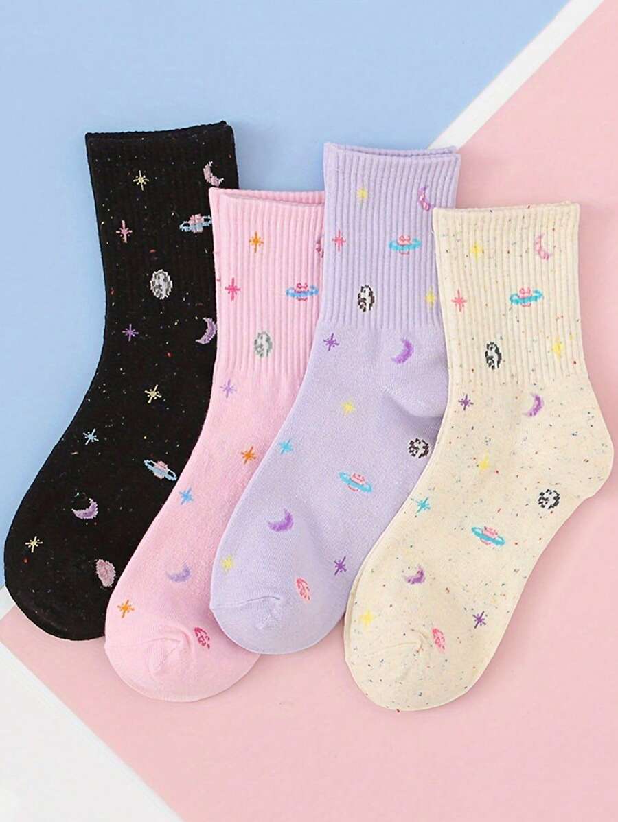 1/4 Pairs Women Colorful Star & Moon Dotted Jacquard Light Color Cute Fashion Versatile Comfortable Casual Sports Mid-Calf Socks, Suitable For Daily Wear - Multicolor - View 1
