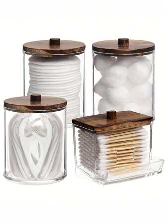 1/4pcs Clear Storage Box With Vintage Wooden Lid For Cleaning Swabs/Balls, Multi-Functional Bathroom Organizer