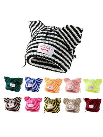 1pc Ladies' Fashionable Striped Ear Design Distressed Knit Hat Woolen Cap Suitable For Warmth And Travel Outfits In Autumn And Winter,School