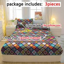 Ensemble de literie moderne à motif bohème de 3 pièces - Ensemble de draps et de couvre-lits doux et confortables pour la chambre à coucher, la chambre d'amis et le dortoir (comprenant 1 drap housse et 2 taies d'oreiller)