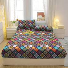 Ensemble de literie moderne à motif bohème de 3 pièces - Ensemble de draps et de couvre-lits doux et confortables pour la chambre à coucher, la chambre d'amis et le dortoir (comprenant 1 drap housse et 2 taies d'oreiller)
