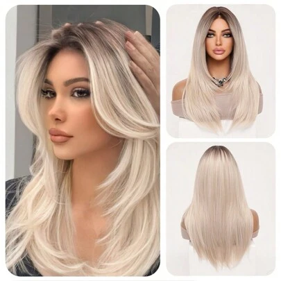 Charming Ombre Platinum Long Straight Hair Wig Dark Brown Root Layered Wig Synthetic Heat Resistant Fiber Women Suitable For Daily Wear Party Wig Natural Sexy Elegant Heat Resistant Wig 26 Inch