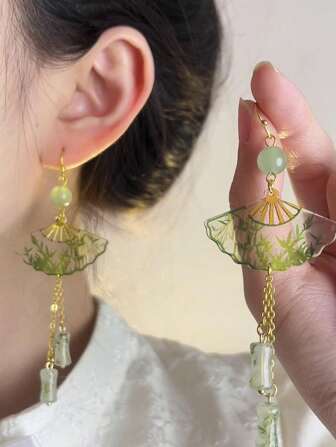 MESTILO 1pair Chinese Style Metal & Resin Transparent Bamboo Folding Fan Tassel Earrings For Women's Daily Qipao Embellishment