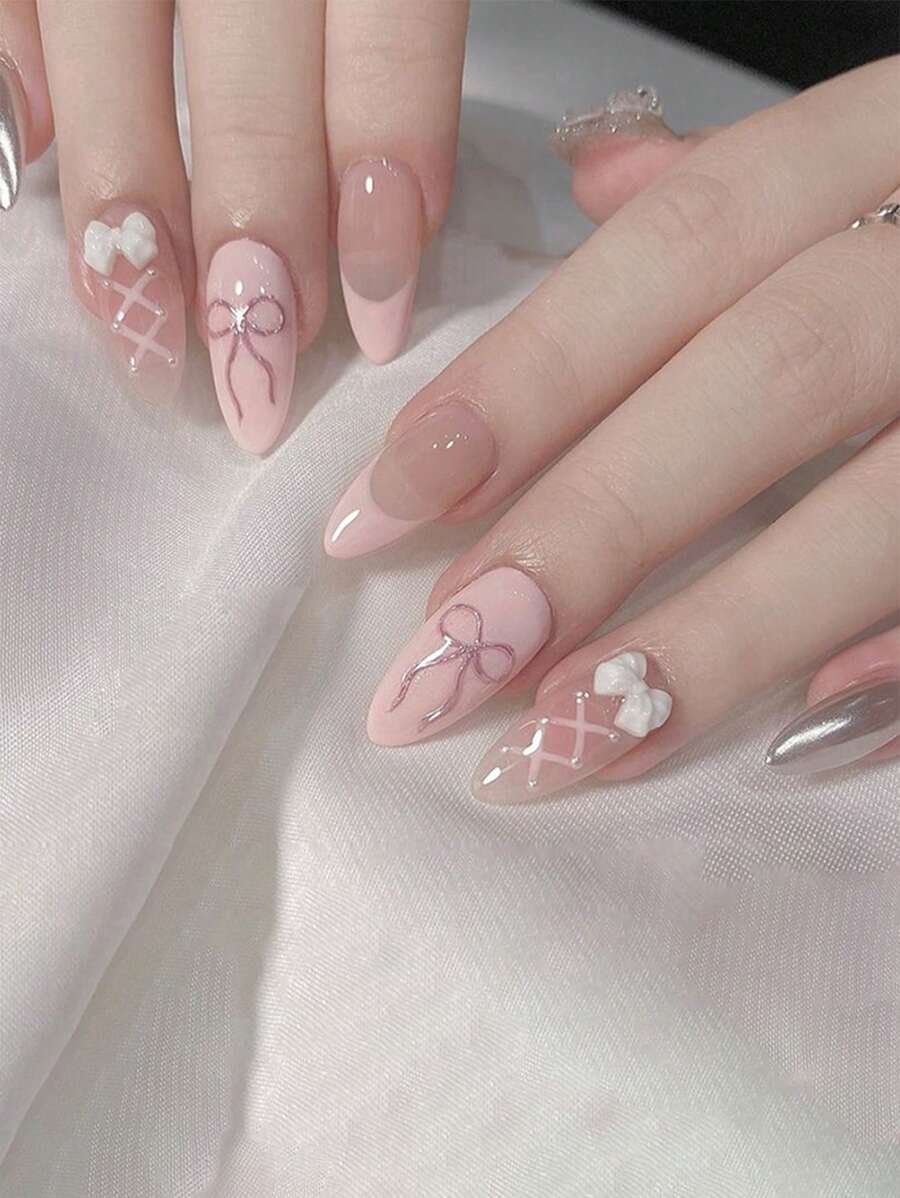 24 Unhas curtas em forma de amêndoa francesa simples com laço, com 1 pedaço de faixa de lixa e 1 cola em gel. - Rosa chiclete - Visão 1
