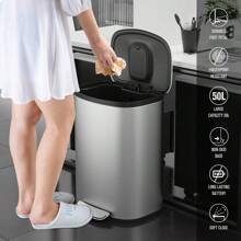 Curved Surface 13 Gallon 50L Kitchen Foot Pedal Operated Soft Close Trash Can - Stainless Steel Rectangular Bustbin With 30 Garbage Bags - BLACK