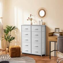 Sweetcrispy Dresser, Tall Dresser For Bedroom, Drawer Dresser Organizer Storage Drawers With 10 Drawers, Chest Of Drawers With Fabric Bin, Steel Frame, Wood Top For Bedroom