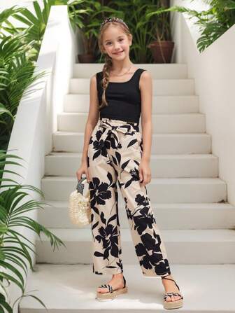 Young Girl Summer Casual Solid Color U-Neck Top T-Shirt And Printed Pants Set, Vacation Style