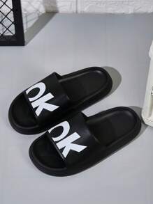 男士個性化時尚字母印花室內戶外沙灘游泳EVA透氣休閒拖鞋（黑色） - 黑色 - 查看 2