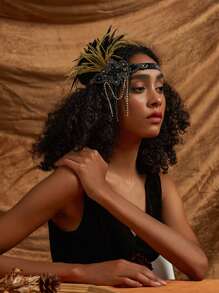 1 件 20 世纪 20 年代头饰轻佻女郎头带 - 咆哮的 20 年代水晶歌舞女郎发带了不起的盖茨比头带，配有人造羽毛万圣节 - A - 查看 2