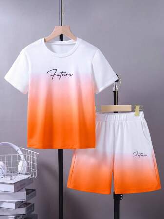2 pièces/set tenue d'été pour garçon préado avec t-shirt à manches courtes avec imprimé lettres tie-dye décontracté et short assorti