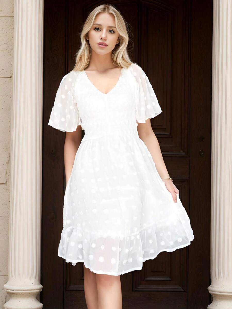 Váy cổ chữ V cổ chữ V hình lá sen kiểu Thụy Sĩ chấm bi kiểu A thường ngày - trắng - Xem 1