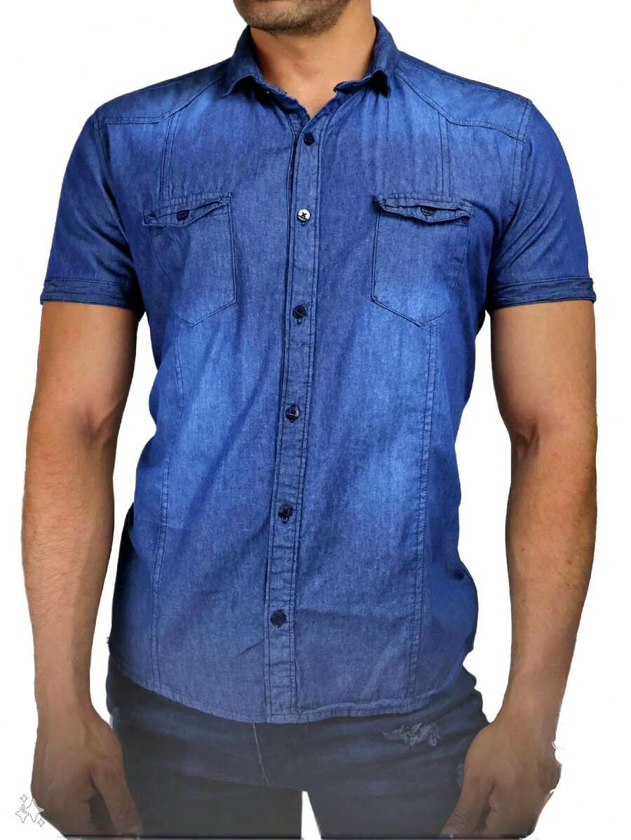 Camisa Mezclilla Manga Corta Hombre Casual Formal Bolsillos Tropical Moda Sexy Estilo Caballero Ajustable Fiesta Playa Stretch Slim Fit Gym - Azul lavado oscuro - Ver 1