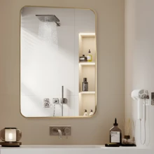 CASSILANDO Specchio da Parete Specchio da Bagno, Specchio Rettangolare Nero 50*71 cm con Cornice in Lega di Alluminio, Decorazione Specchio da Appendere ad Angolo Arrotondato per Ingresso, Camera da Letto, Soggiorno - ORO - Visualizzare 3