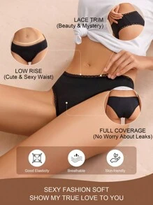 1 件女士吸水黑色防漏月经内裤，低腰舒适弹力贴身内裤，适合经期使用 - 黑色 - 查看 6