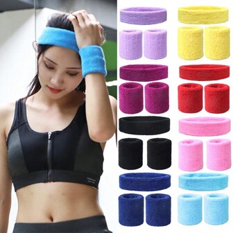 Conjunto de cinta para el pelo y muñequeras deportivas de poliéster sólido, 2 piezas de muñequeras, 1 pieza de cinta para el sudor para la cabeza, absorbente de sudor, portátil, adecuado para baloncesto, bádminton, tenis, béisbol, senderismo, accesorios deportivos, unisex