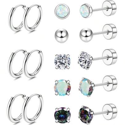 SENLANSP 16pcs Medical Grade Stainless Steel Earrings Set, Suitable For Sensitive Ears, Featuring Small Cubic Zirconia Flat Back Earrings And Allergy Free Hoop Earrings, Unisex 20G Cartilage Earrings