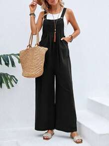 Monos De Pierna Ancha Para Mujer, Monos Informales Con Pechera De Verano, Tirantes Sueltos Sin Mangas Con Bolsillos Navidad Ropa Mujer - Negro - Ver 1
