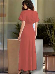 Vestido largo elegante escote cuello profundo manga murciélago casual para mujer - Coral - Ver 3