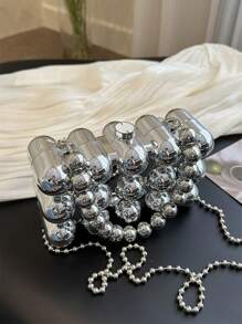 创意时尚波浪串珠手拿包、金属盒手提包、晚装包、女士正式派对化妆包和手机包、独特链带斜挎包、趣味礼物 - 銀色 - 查看 7