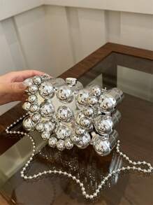 创意时尚波浪串珠手拿包、金属盒手提包、晚装包、女士正式派对化妆包和手机包、独特链带斜挎包、趣味礼物 - 銀色 - 查看 2