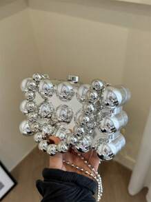 创意时尚波浪串珠手拿包、金属盒手提包、晚装包、女士正式派对化妆包和手机包、独特链带斜挎包、趣味礼物 - 銀色 - 查看 8